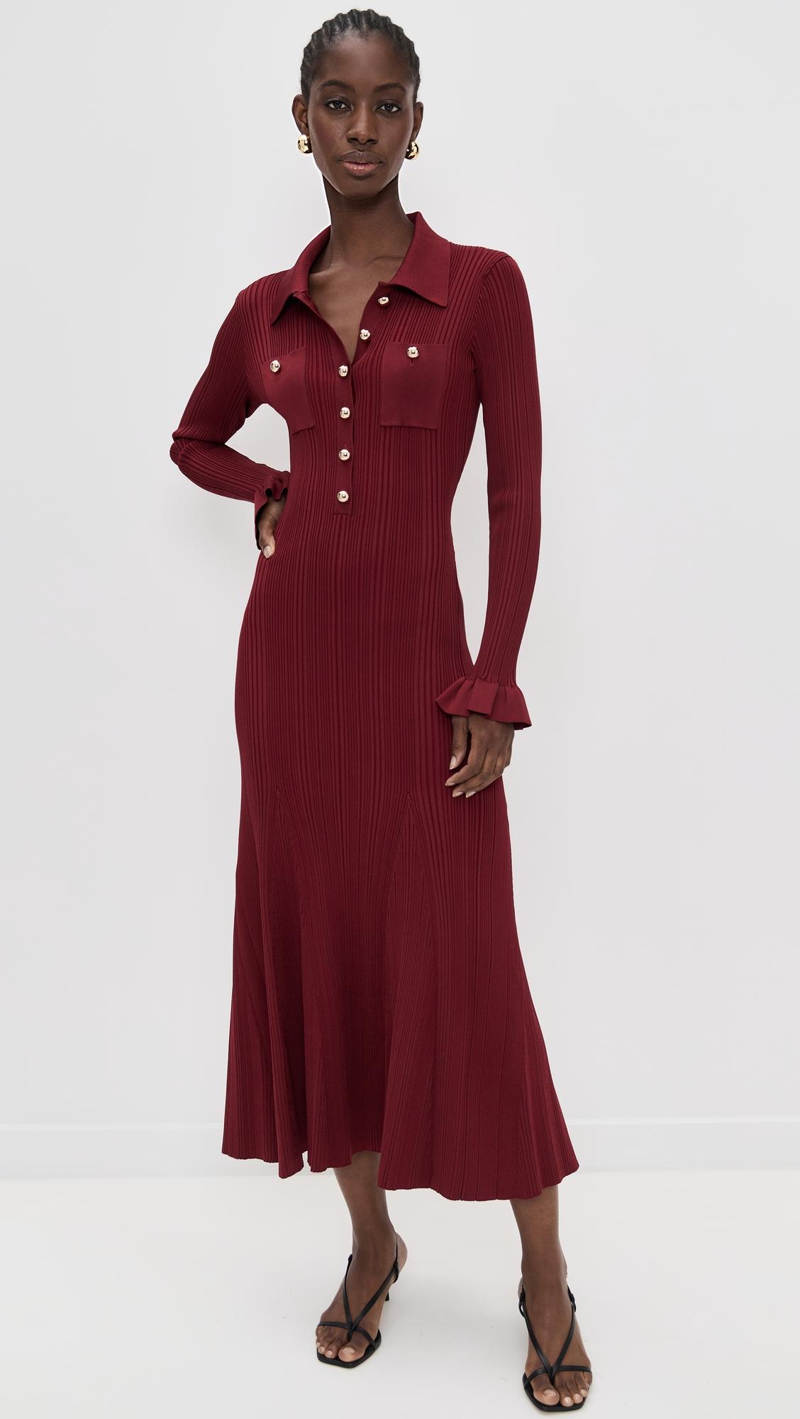 burgundy ribbed knit midi dress