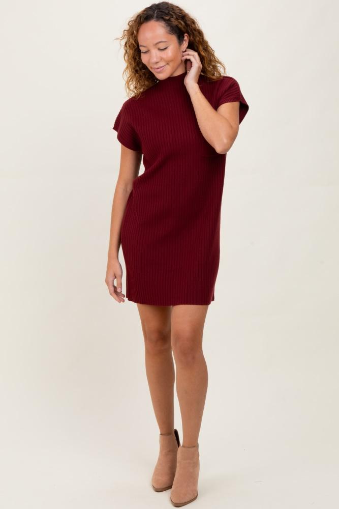 burgundy ribbed knit short sleeve sweater dress