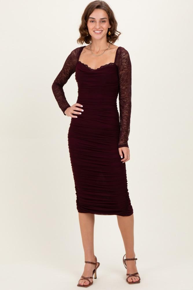 burgundy ruched lace sleeve midi dress