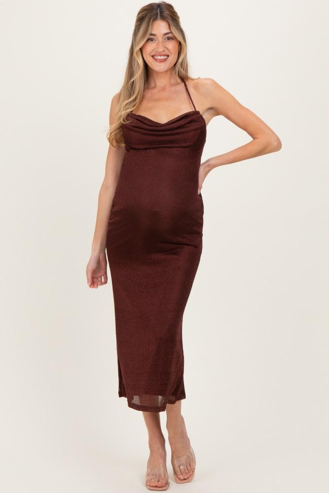 burgundy satin halter maternity midi dress