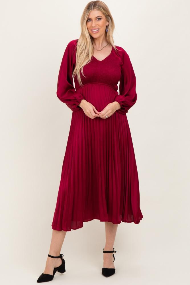 burgundy satin smocked pleated midi dress