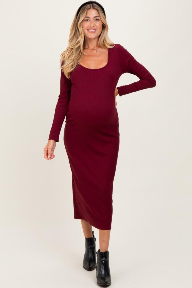 burgundy scoop neck long sleeve maternity midi dress