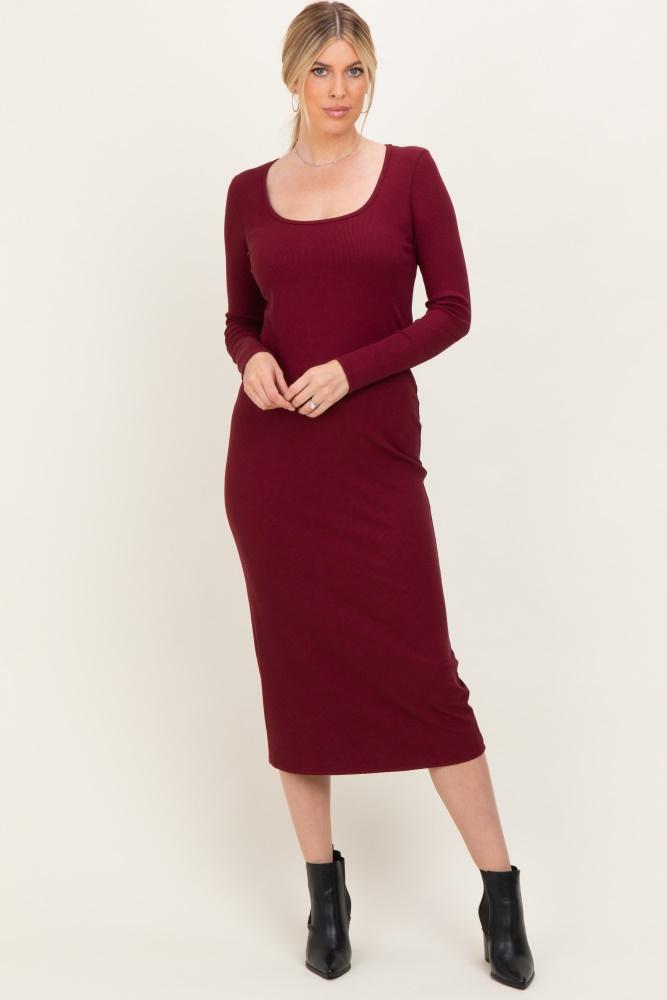 burgundy scoop neck long sleeve midi dress