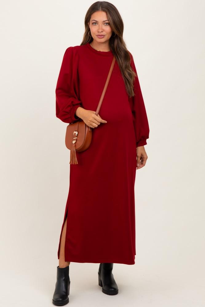 burgundy side slit detail solid maternity midi dress