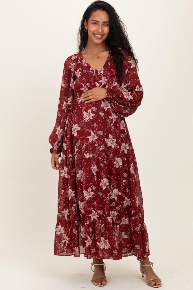 burgundy smocked floral maternity midi dress