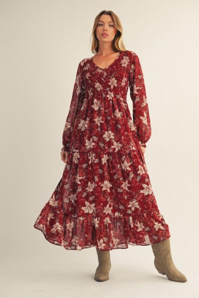 burgundy smocked floral midi dress
