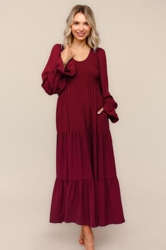 burgundy smocked tiered long sleeve plus maxi dress