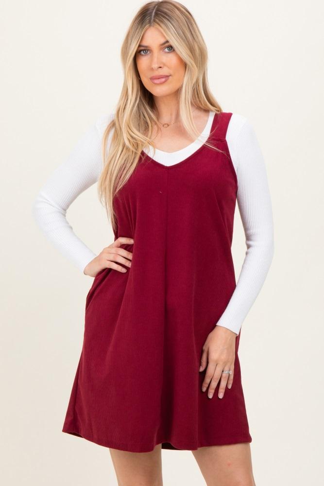 burgundy solid corduroy v-neck a-line mini dress