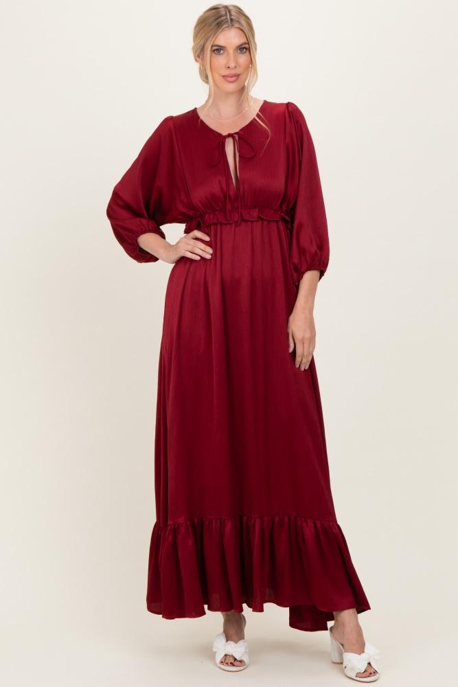 burgundy solid satin long sleeve open v-neck ruffle waist tiered maxi dress
