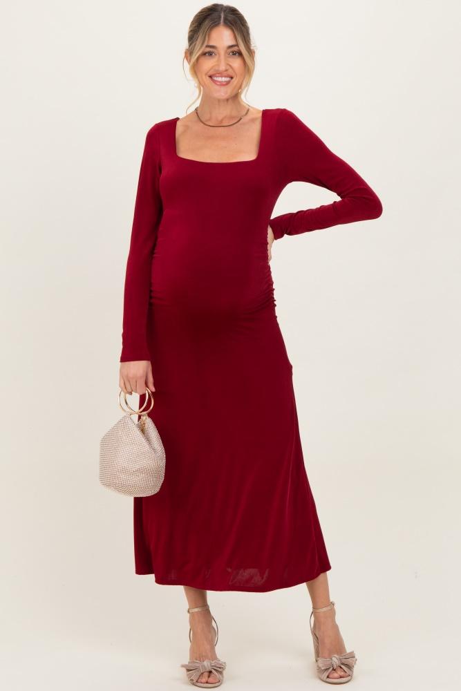 burgundy square neck long sleeve ruched maternity midi dress