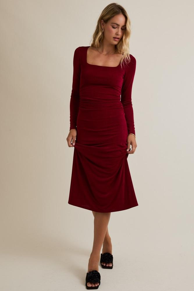 burgundy square neck long sleeve ruched midi dress