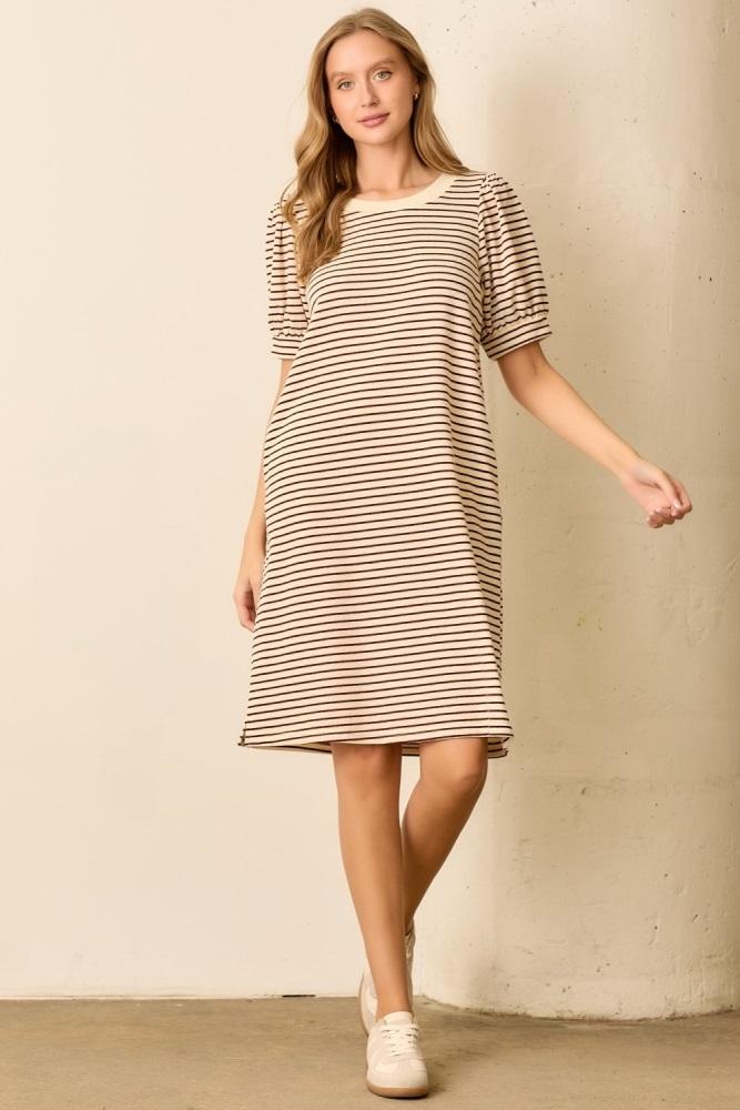 burgundy striped puff sleeve midi t-shirt dress