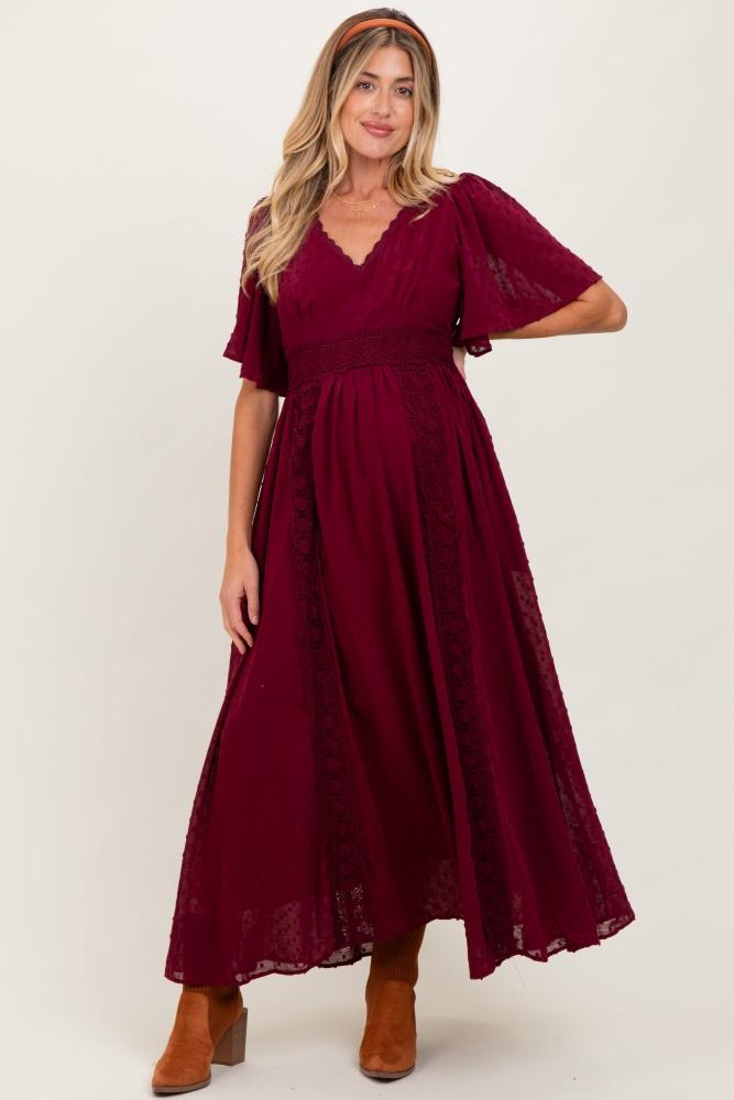 burgundy swiss dot crochet lace accent maternity maxi dress