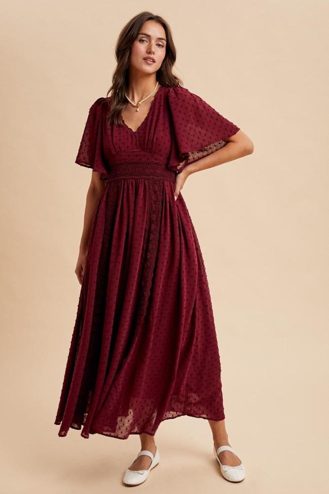 burgundy swiss dot crochet lace accent maxi dress