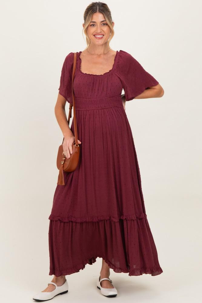burgundy swiss dot ruffle trim maternity maxi dress