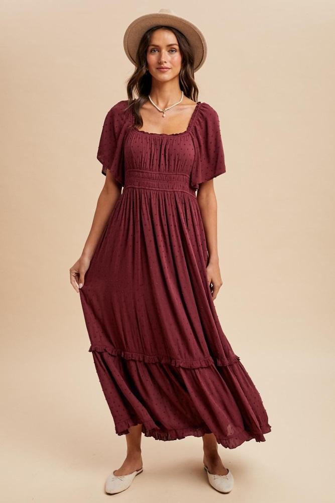 burgundy swiss dot ruffle trim maxi dress