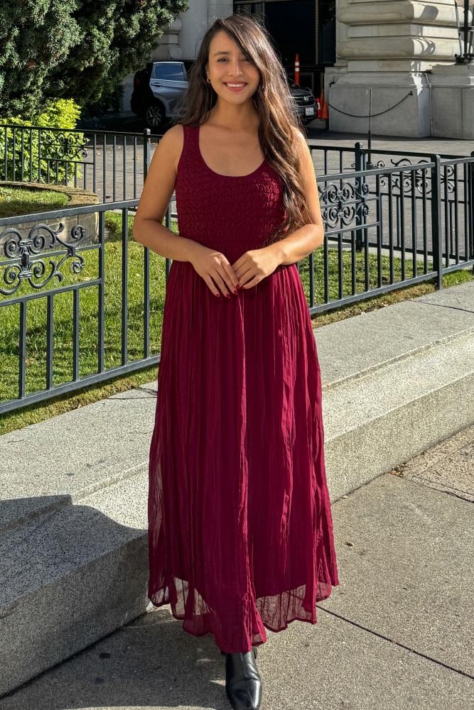 burgundy textured smocked bodice sleeveless maxi dress