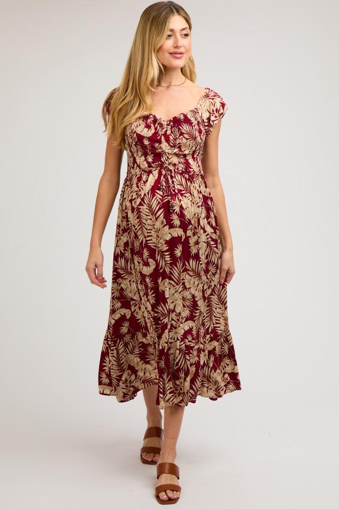 burgundy tropical print smocked short sleeve maternity maxi dress