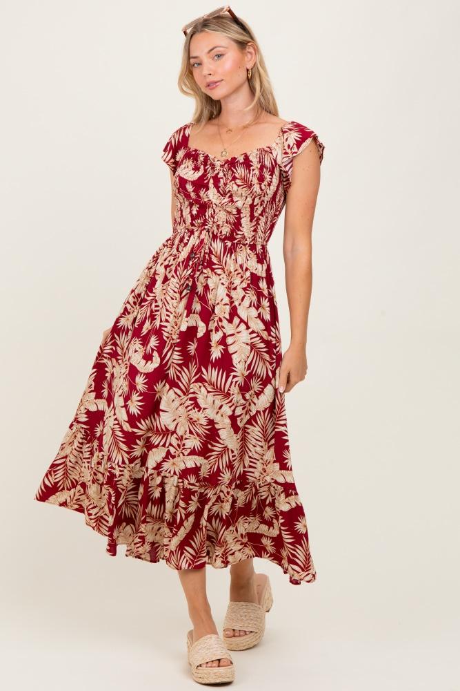 burgundy tropical print smocked short sleeve maxi dress