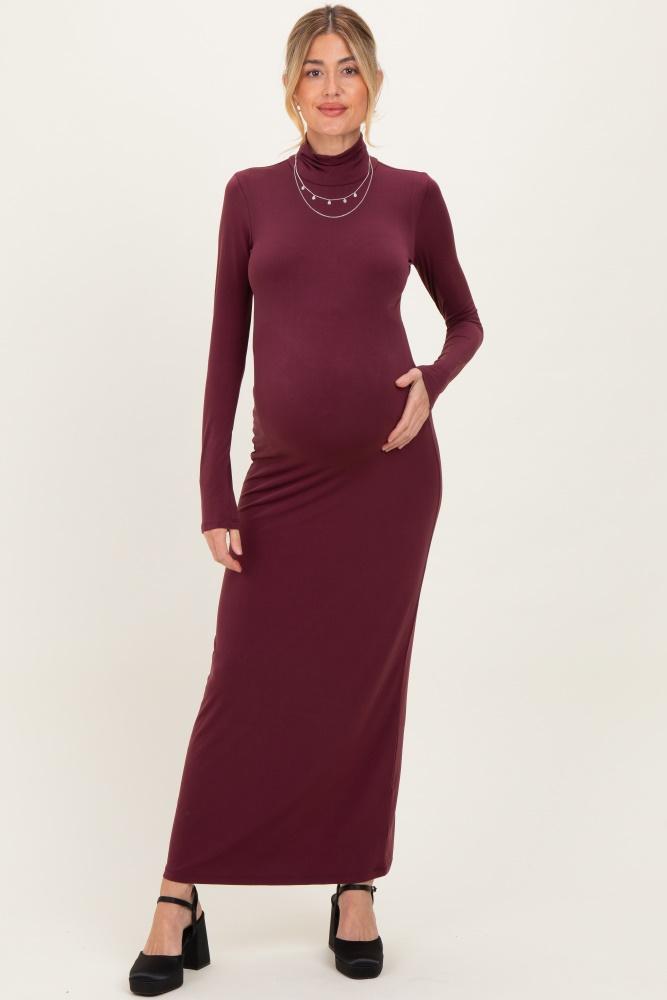 burgundy turtleneck long sleeve maternity maxi dress