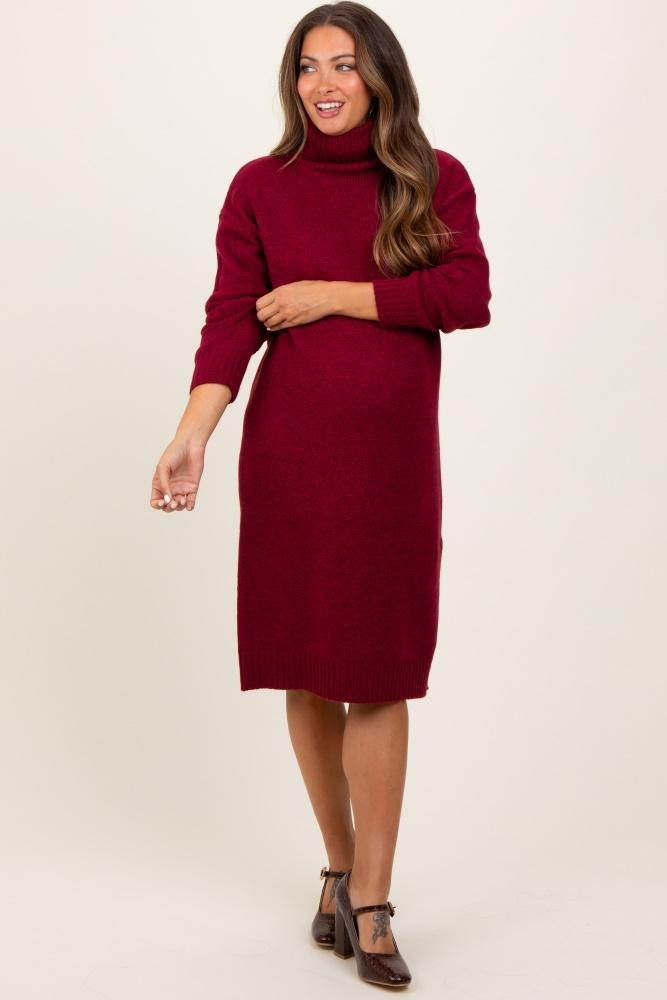 burgundy turtleneck side slit maternity midi sweater dress