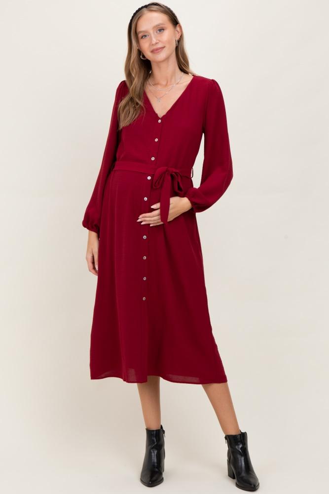 burgundy v neck long sleeve button down maternity midi dress