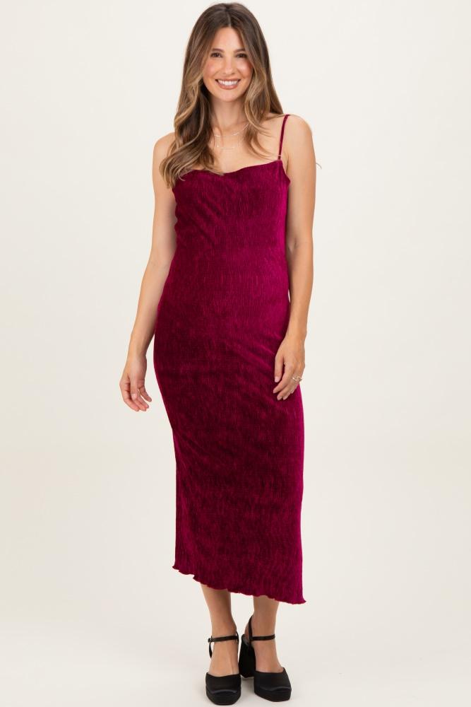 burgundy velvet sleeveless side slit maternity midi dress