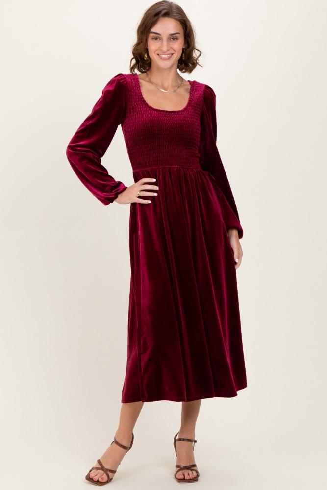 burgundy velvet smocked long sleeve midi dress