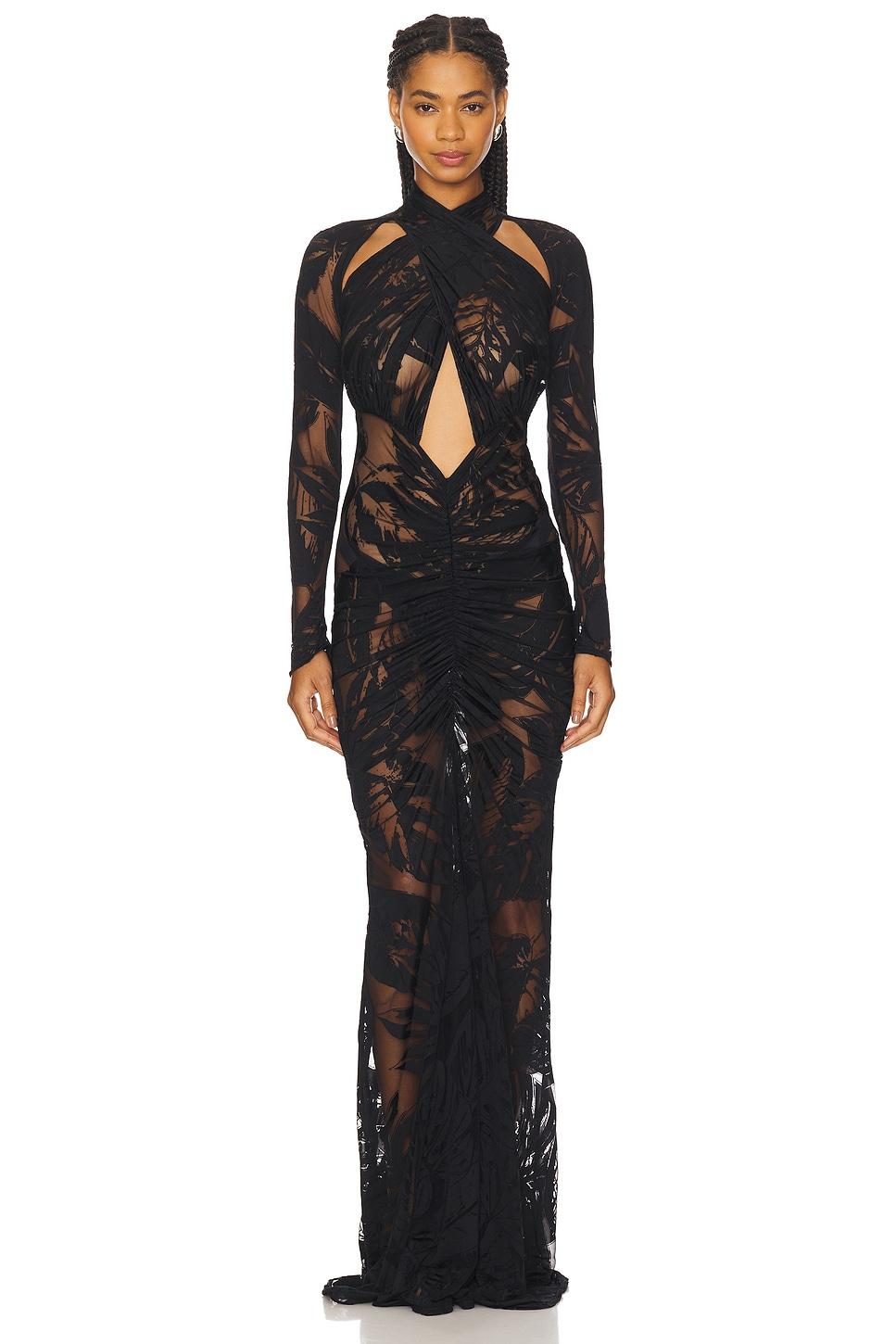 burnout jersey halter ruched gown