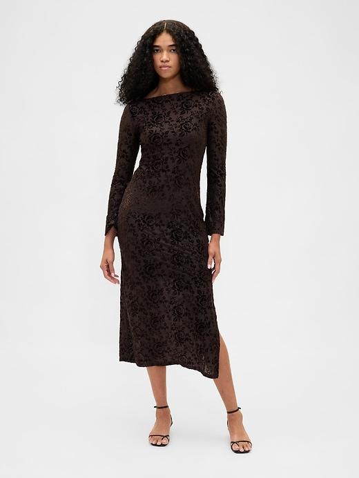 burnout velvet bell-sleeve midi dress