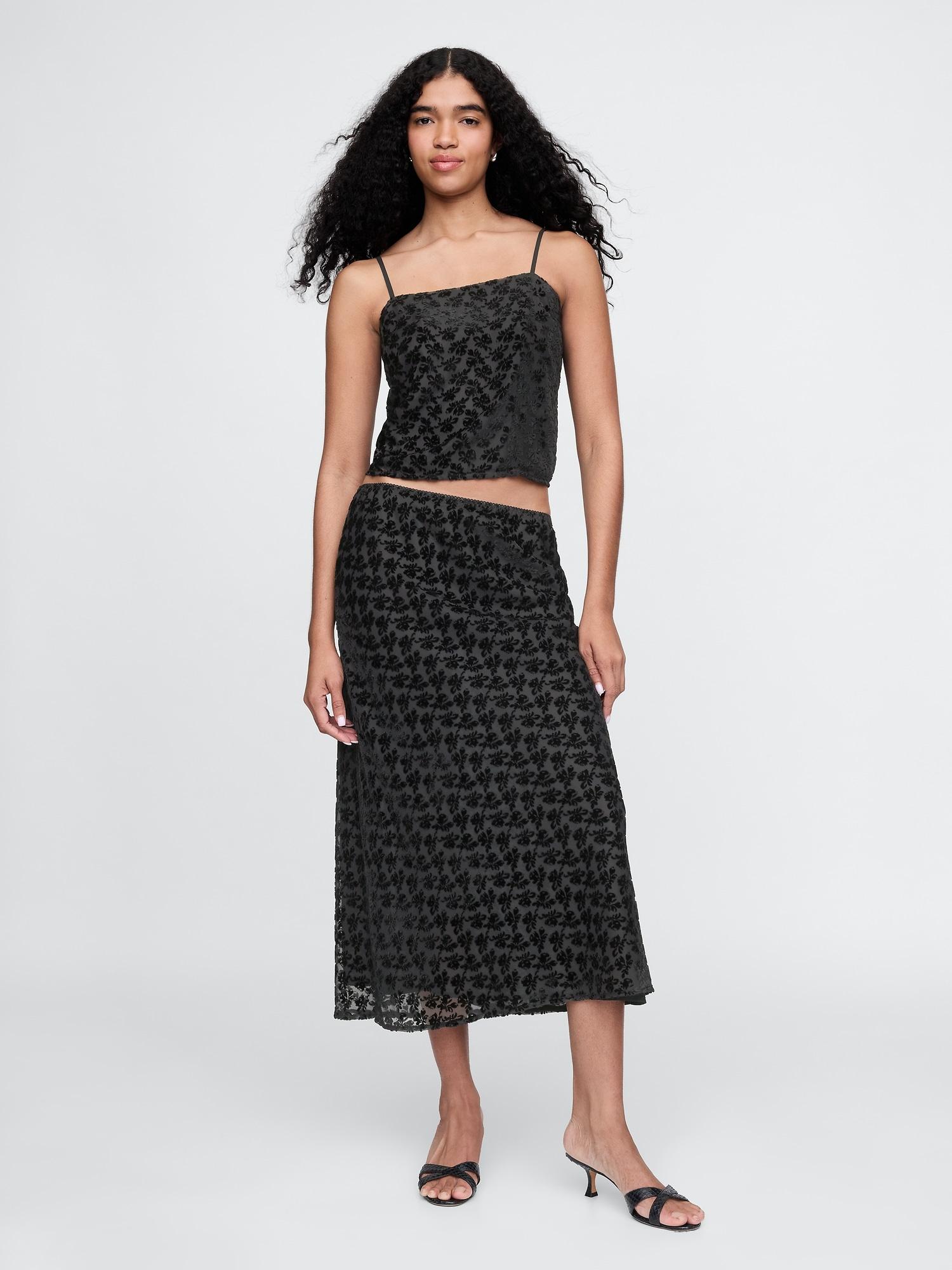 burnout velvet midi skirt