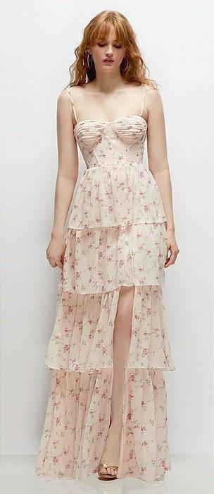 bustier-style chiffon tiered ruffle maxi dress with adjustable straps