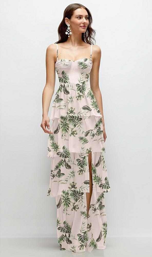 bustier-style chiffon tiered ruffle maxi dress with adjustable straps