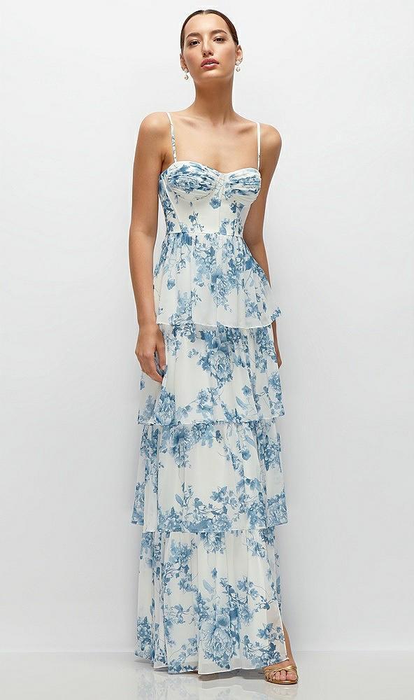 bustier-style chiffon tiered ruffle maxi dress with adjustable straps
