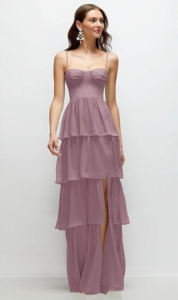 bustier-style chiffon tiered ruffle maxi dress with adjustable straps