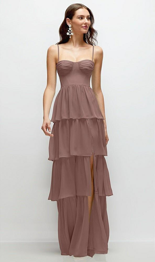bustier-style chiffon tiered ruffle maxi dress with adjustable straps