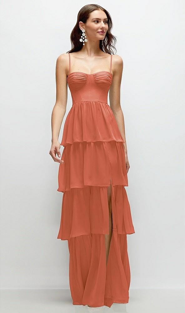 bustier-style chiffon tiered ruffle maxi dress with adjustable straps