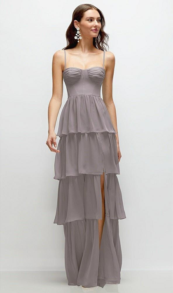 bustier-style chiffon tiered ruffle maxi dress with adjustable straps
