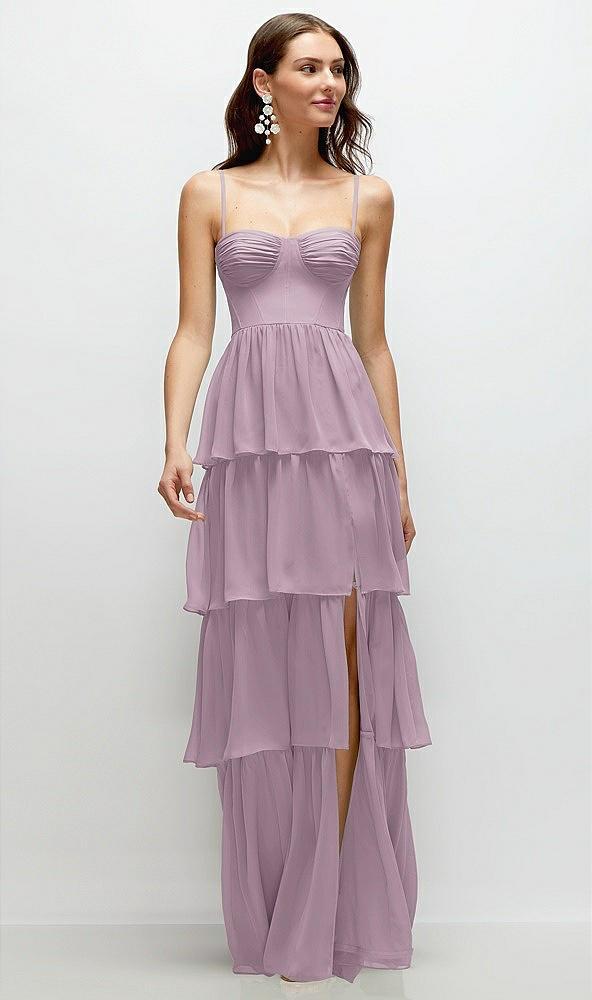 bustier-style chiffon tiered ruffle maxi dress with adjustable straps