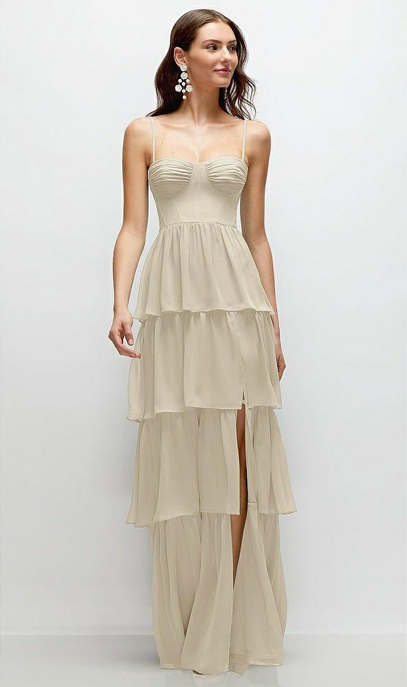 bustier-style chiffon tiered ruffle maxi dress with adjustable straps