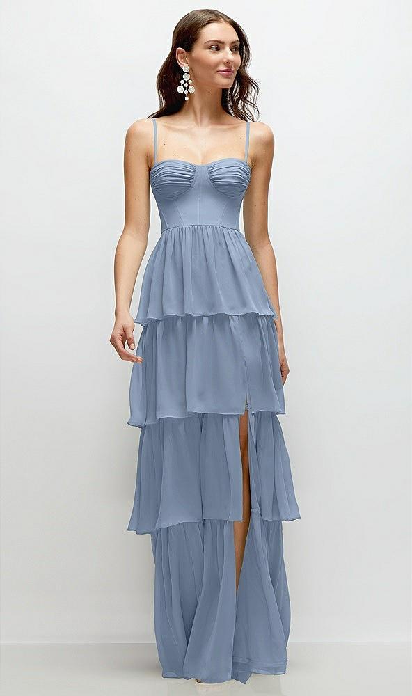 bustier-style chiffon tiered ruffle maxi dress with adjustable straps