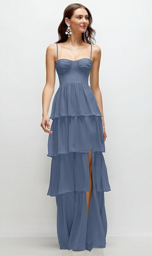 bustier-style chiffon tiered ruffle maxi dress with adjustable straps