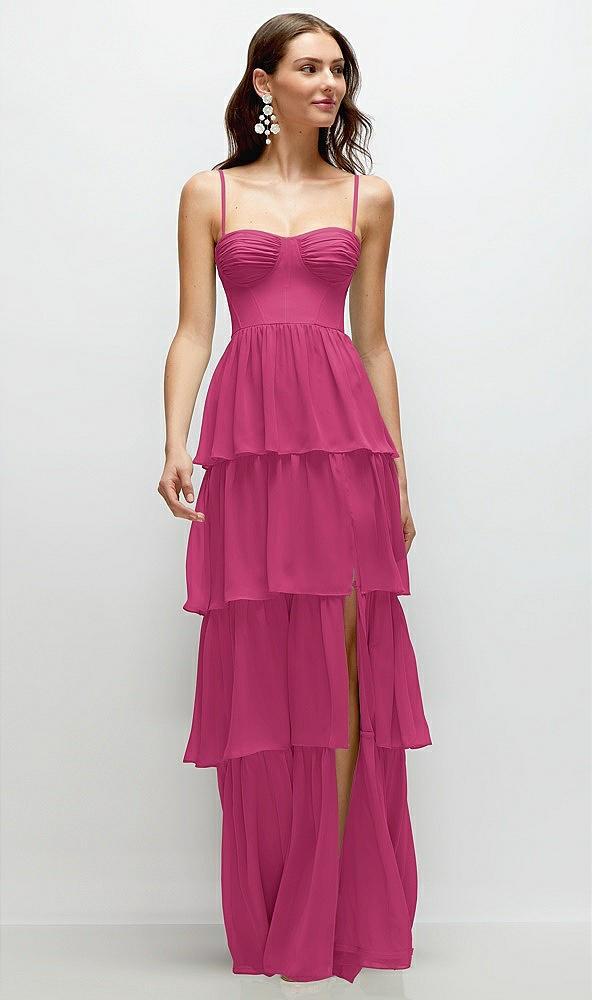 bustier-style chiffon tiered ruffle maxi dress with adjustable straps