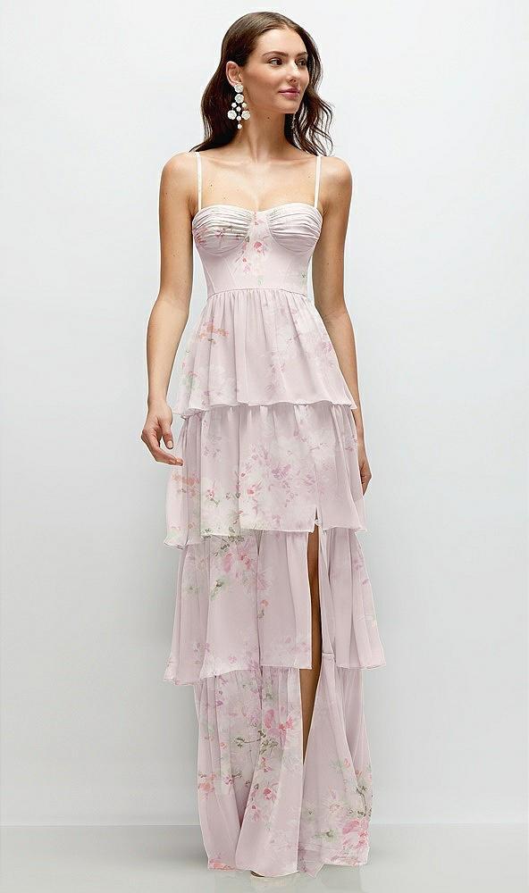 bustier-style chiffon tiered ruffle maxi dress with adjustable straps