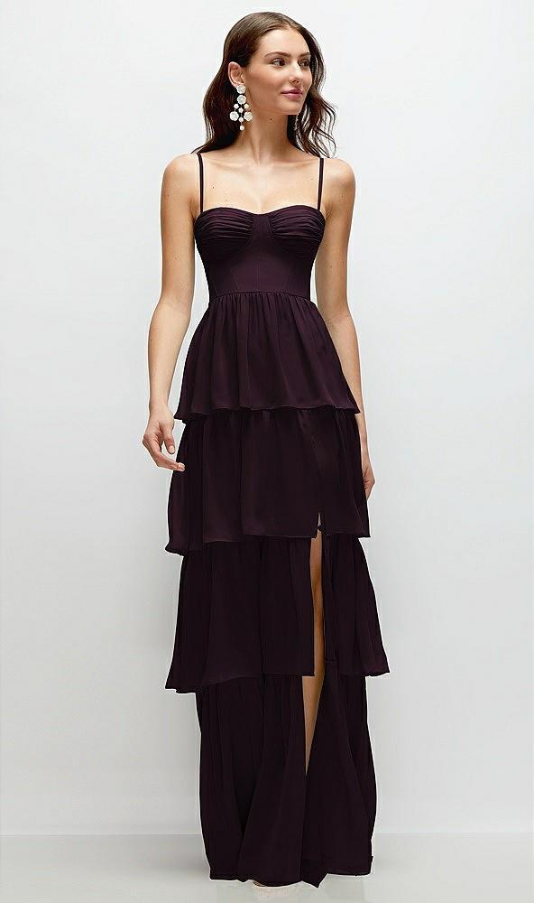 bustier-style chiffon tiered ruffle maxi dress with adjustable straps