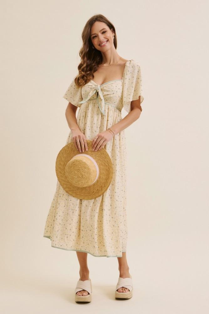 butter yellow floral tie front flutter sleeve midi dress