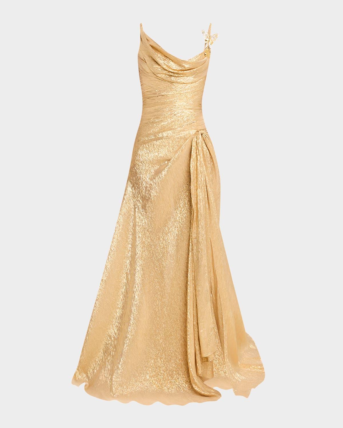 butterfly cowl-neck lame gown with slit