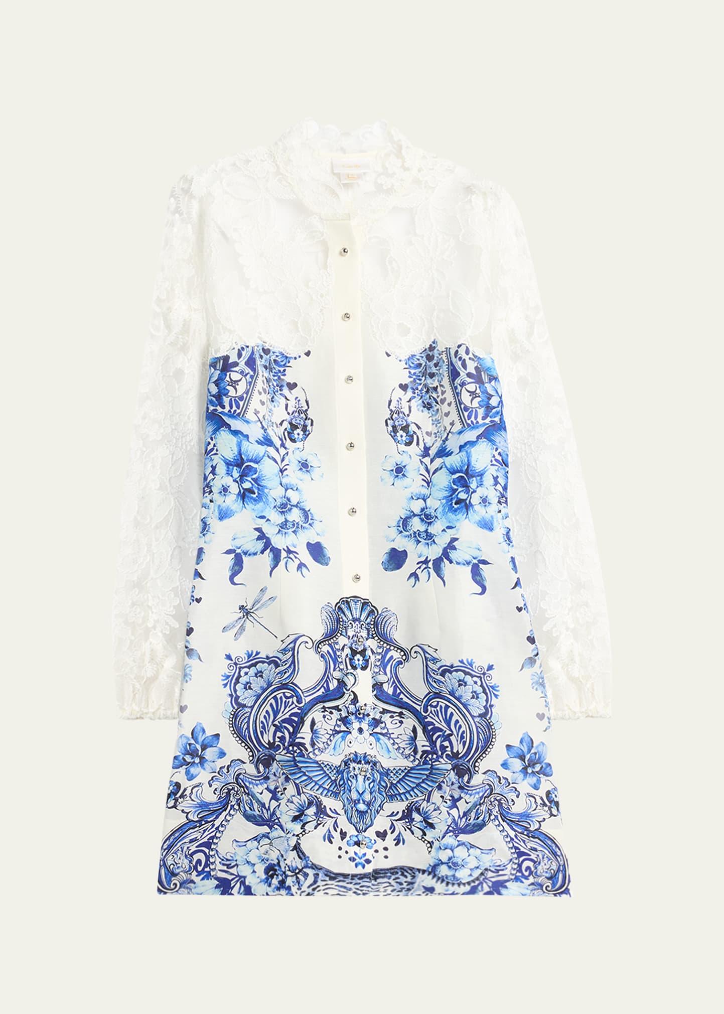 butterfly lace-sleeve button-front mini dress