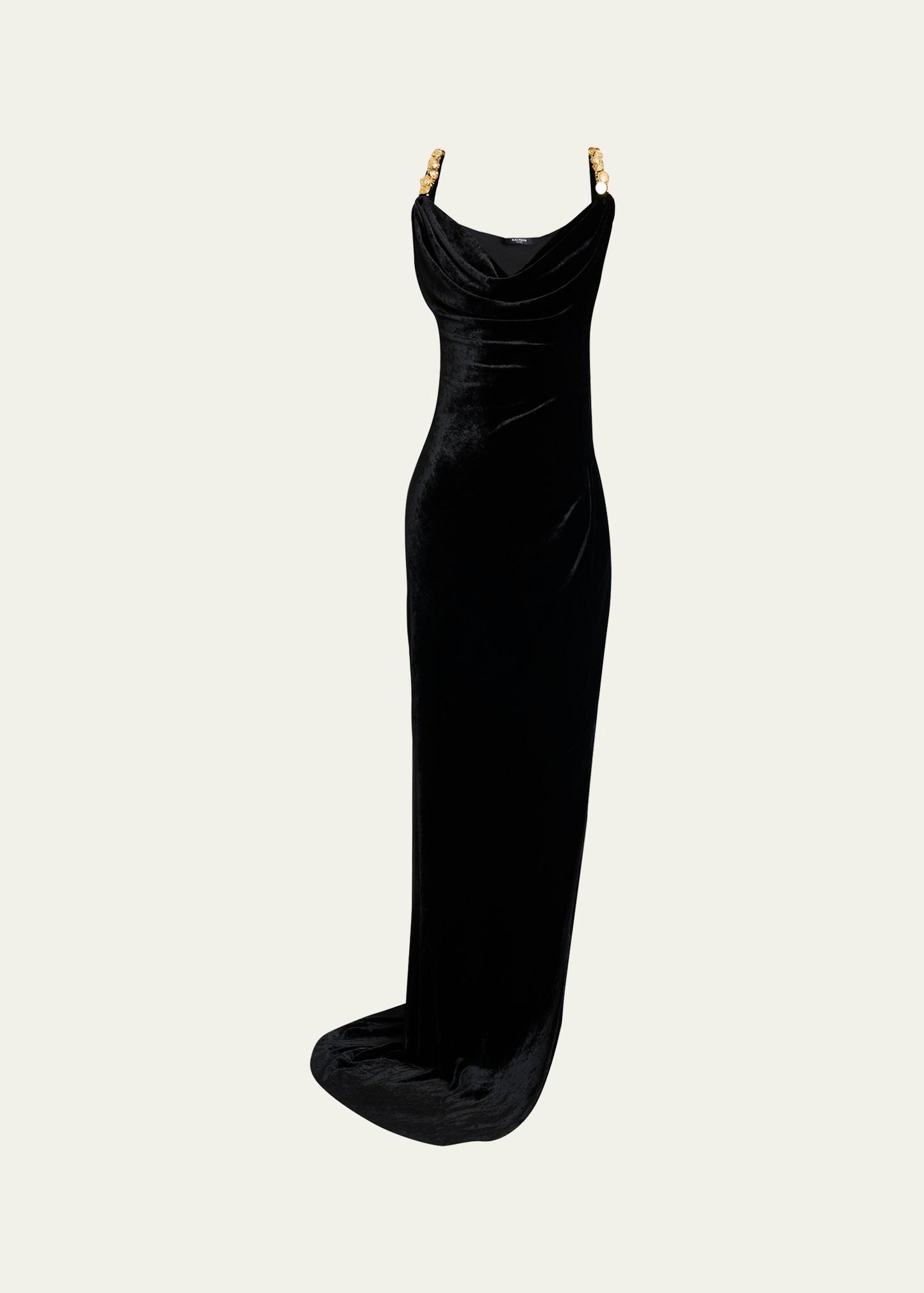 button cowl-neck velvet slit maxi dress