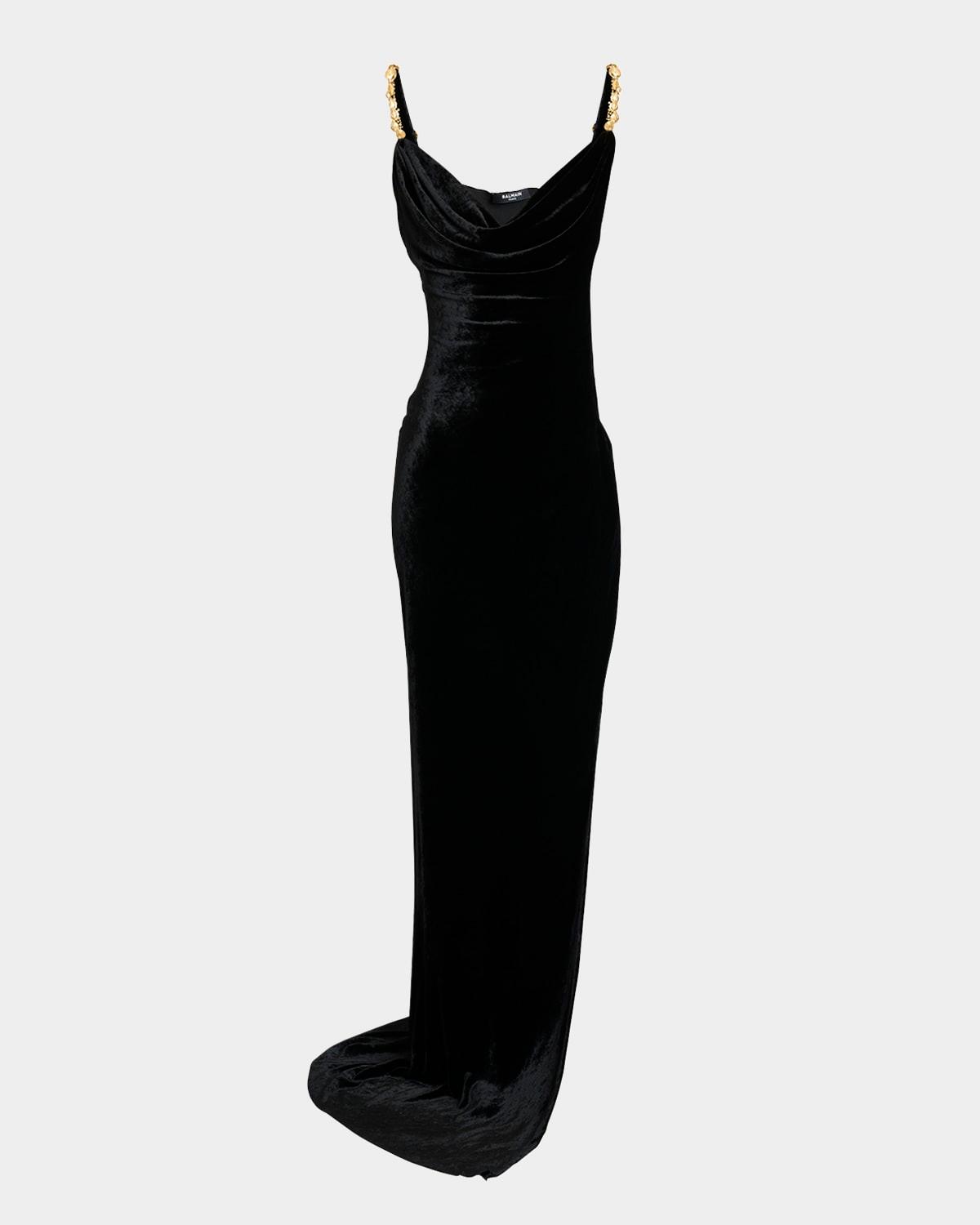 button cowl-neck velvet slit maxi dress